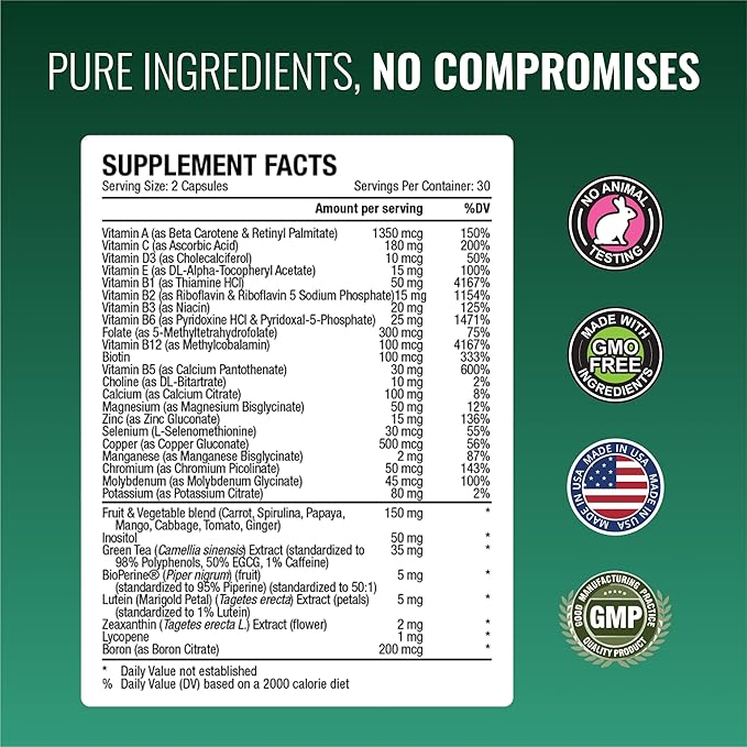 Approved Science Multi-Vitamin - with Full-Spectrum B-Vitamins, Green Tea, Lutein, Lycopene, Zeaxanthin, BioPerine - 180 Capsules - 3 Month Supply