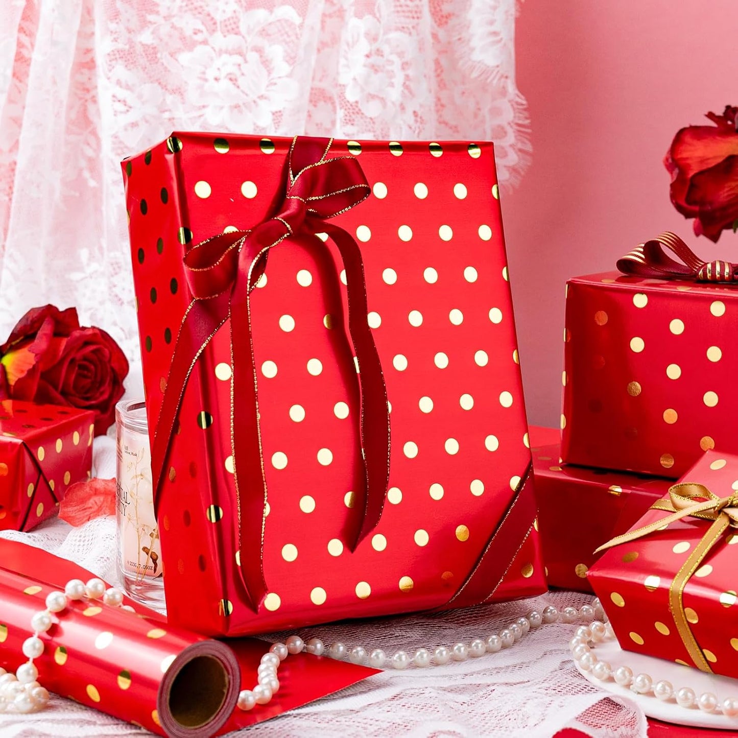 Flyhill Gold Foil Polka Dot Wrapping Paper Roll,Mini Roll Red Reversibl Gift Wrap for Birthday,Girls,Baby Shower,Wedding (17 Inch X 32.8 Feet)