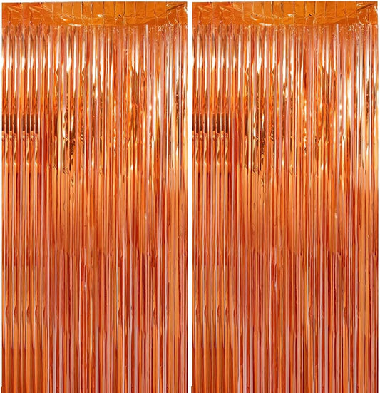 2 Pack 3.28 ft x 6.56 ft Orange Tinsel Curtain Party Backdrop Decorations, Metallic Foil Fringe Backdrop Door for Halloween, Christmas, Birthday Graduation Wedding Party Streamers Photo Backdrop.