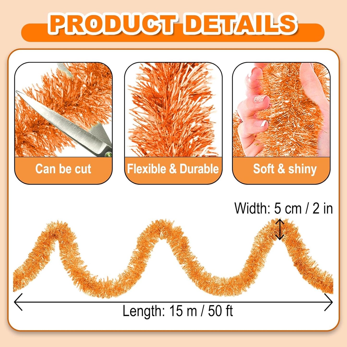 50 Feet Christmas Foil Fringe Banner Metallic Tassle Garland Metallic Backdrop Parade Floats Shiny Hanging Ceiling, Valentine's, Wedding, New Year Party Decorations(2" x 50', Macaron Orange)