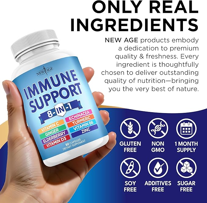 8 in 1 Immune Support Booster Supplement with Echinacea, Vitamin C and Zinc 50mg, Vitamin D 5000 IU, Turmeric Curcumin & Ginger, B6, Elderberry (8 in 1 Capsules (Pack of 5))