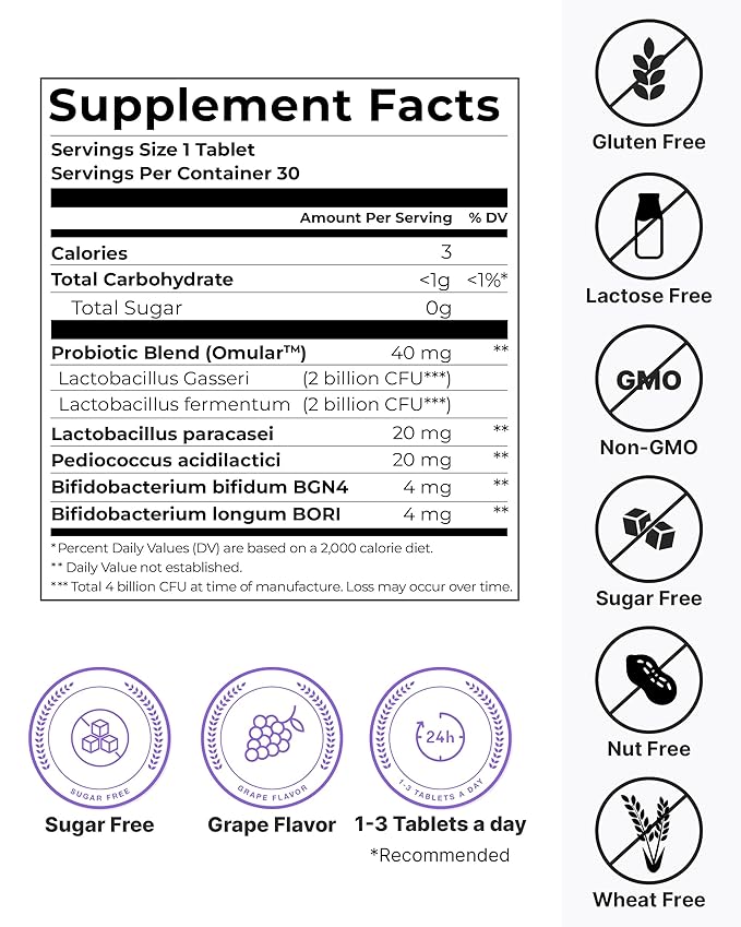 K-Nutra Dentifresh Xylitol Tabs Purple (24g, 30 Tablets) Holiday Gifts 4 Billion CFU, Sugar-Free Oral Probiotics for Teeth & Mouth, Bad Breath Gums, Safe for Bedtime, Mild Grape Flavor with OMULA