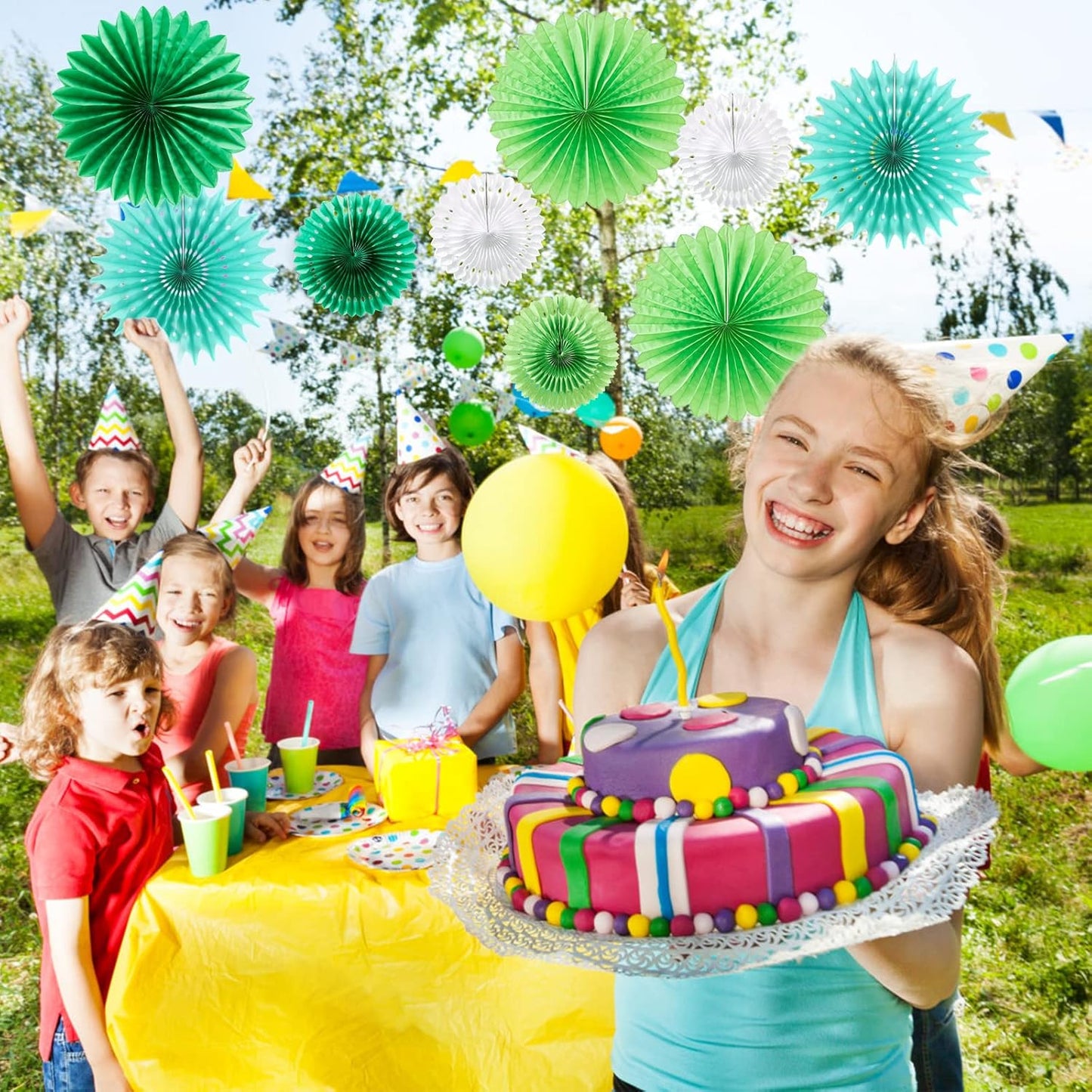 SUNBEAUTY Pack of 11 Green White Party Decoration Hanging Honeycomb Round Paper Fans Kit for Dinosaur Theme Birthday Baby Shower Summer Forest Carnival St.Patrick's Irish Backdrop Party Supplies