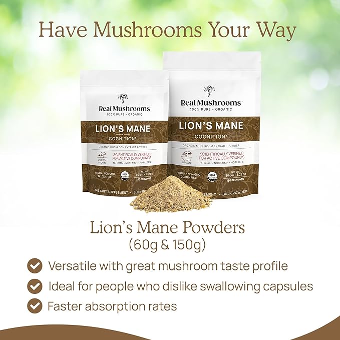 Real Mushrooms Lions Mane Mushroom Supplement - Organic Lions Mane Extract Powder for Overall Wellness with Adaptogens – Functional Vegan, Non-GMO Blend with 60 Servings