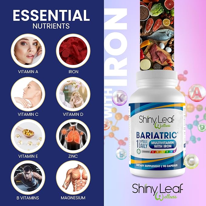 Shiny Leaf Bariatric Multivitamin with Iron - 45 mg for Gastric Bypass, Sleeve Gastrectomy, Roux-en-Y, Duodenal Switch - 22 Vitamins & Minerals, ASMBS Compliant, Vegetarian, Made in USA, GMP, 90 Ct.