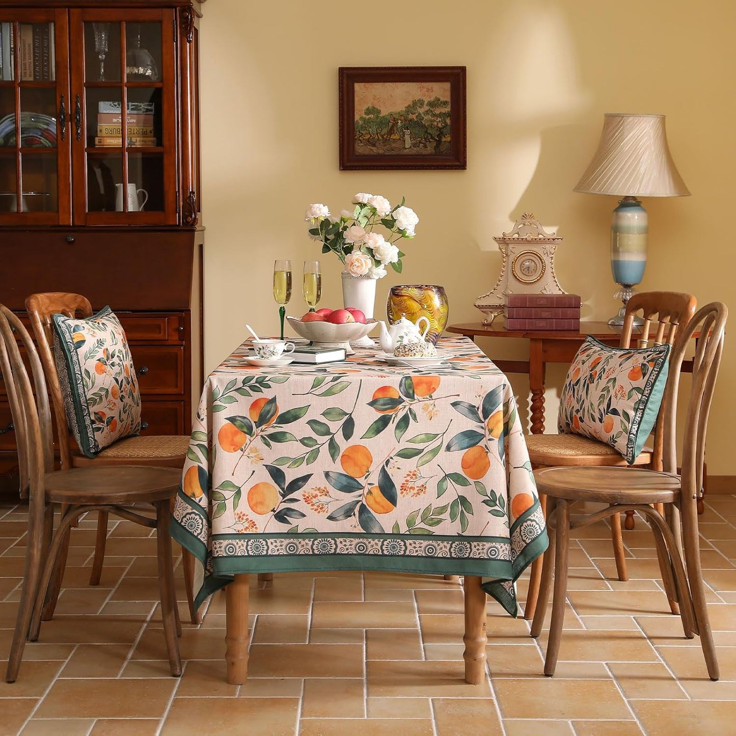 patdrea Designer Vintage Linen Long Rectangle Table Cloth,Framhouse Oranges and Leaves Pattern French Tablecloth,Fall Decor Cover for Kitchen Dining Christmas,Thanksgiving,63"x102"-Palladin a
