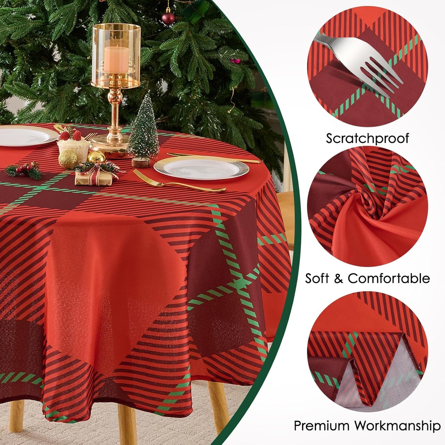 Christmas Tablecloth Round 60 Inch Waterproof, Machine Washable Checkered Polyester Table Cover for Xmas Party, Winter Holiday Home Decoration in Festive Checkered Red 1pack