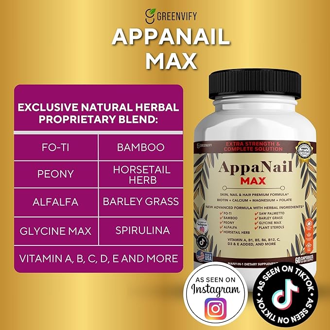 AppaNail MAX Hair Skin & Nail Supplement, 60 Capsules, with Biotin 5000mcg, Vitamins, Minerals & Herbal Complex (5)