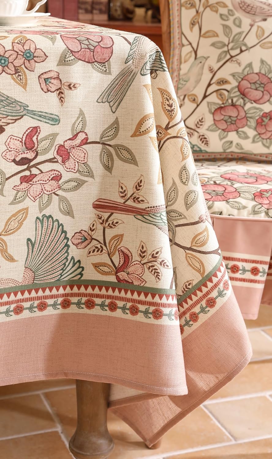 patdrea Designer Pink Linen Table Cloth for Rectangle Table,Vintage Floral with Birds Pattern Decorative Tablcloth,French Table Cover for Kitchen Dining,Thanksgiving,Christmas,55"x79"-Kulom a