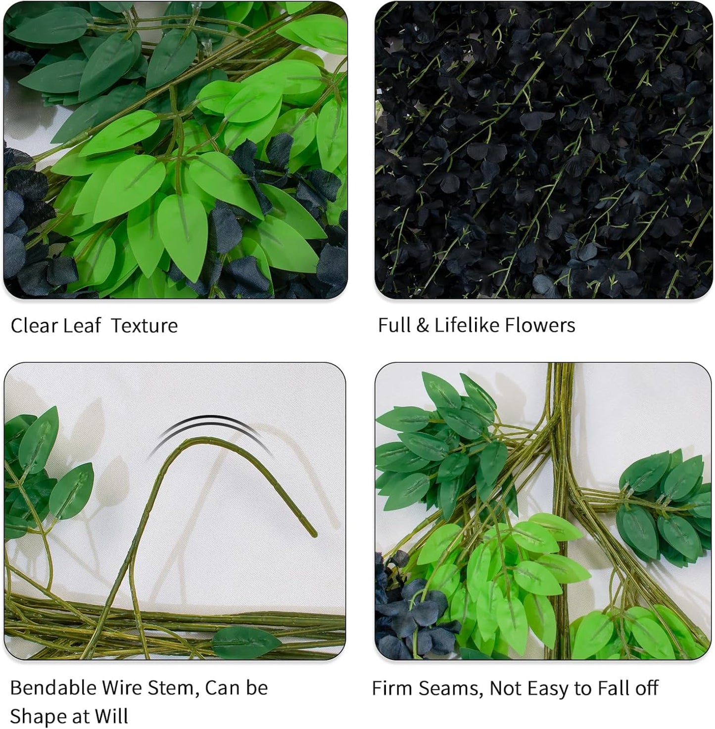 12 Pack Artificial Wisteria Hanging Flowers Fake Wisteria Flower Garland Silk Vines Rattan Decor for Home Wedding Arch Wall Garden Greenery Bedroom Outdoor Office Party Decoration (Black)