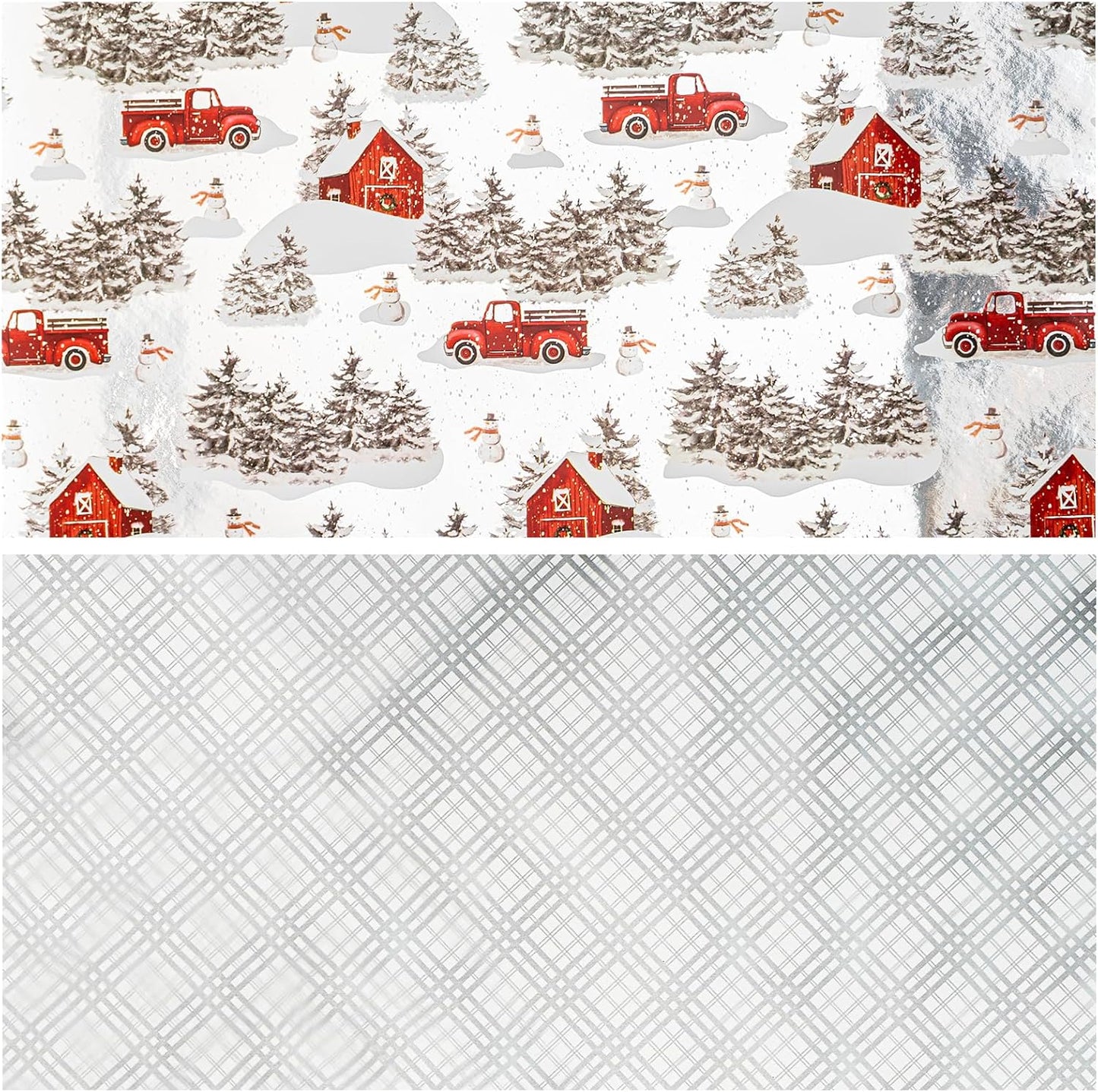 LeZakaa Christmas Silver Wrapping Paper Jumbo Roll for Boy Kid, Red Truck, Snowy Pine Forest & Grid Plaid, Silver Foil Reversible Design for Winter Holiday Family Gathering, 30 inches x 32.8 Feet