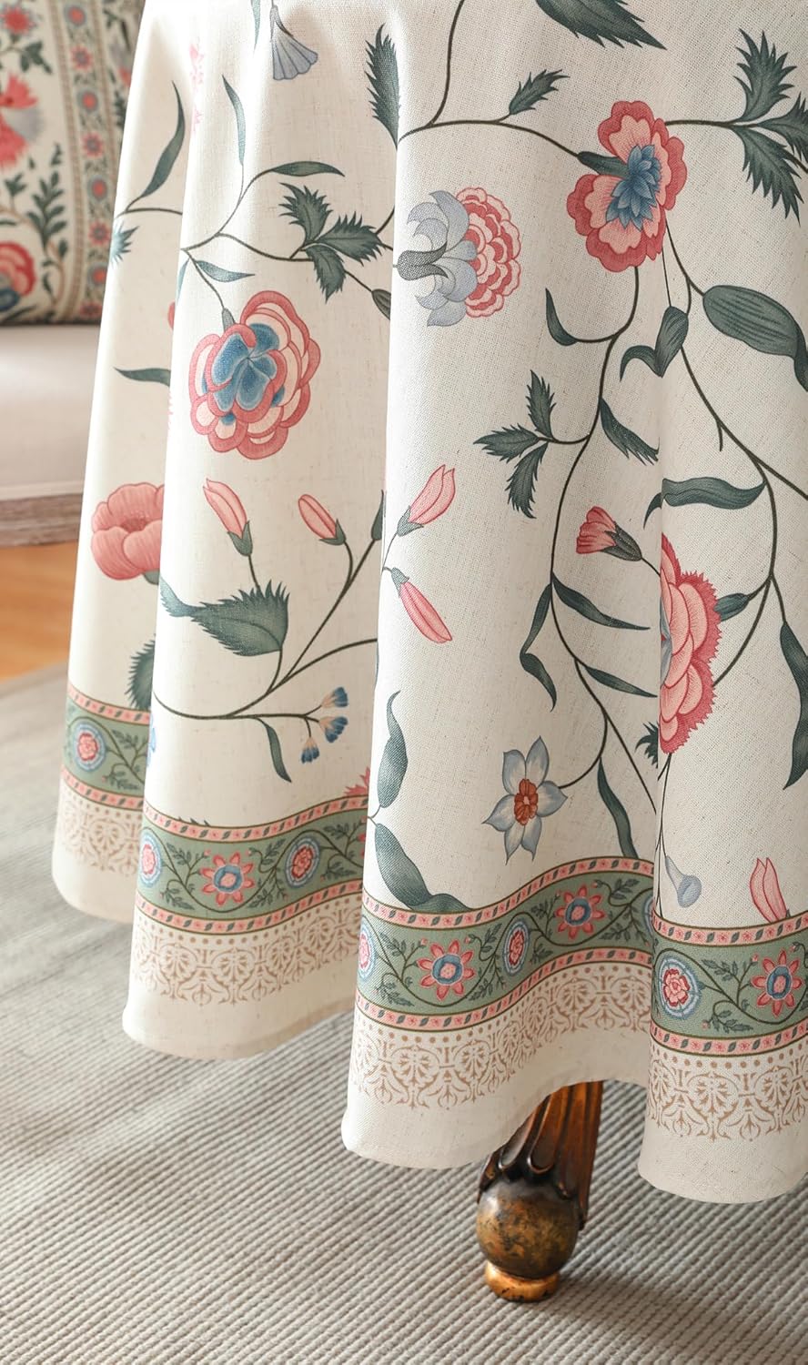 ISAENNE Designer Chinoiserie Linen Floral Round Tablecloth,White Wrinkle Resistant Table Cloth,Elegant Decor Tablecloths for Dining Thanksgiving Kitchen Party Christmas,Diameter 67"-Daffy