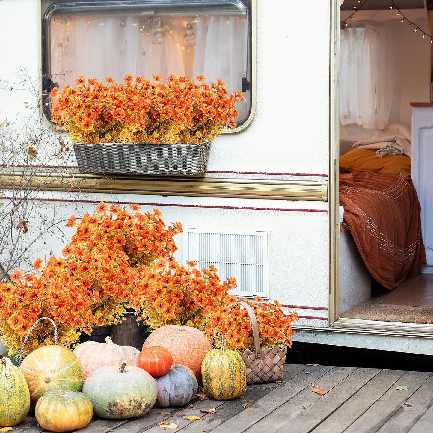 12 Bundles Artificial Fall Flowers Fake Plastic Plants Indoor Outside Hanging Planter No Fade Faux Autumn Plants Thanksgiving Home Garden Fireplace Décor (Fall with Flowers)