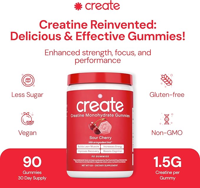 Create Creatine Monohydrate Gummies for Men & Women | 1.5g Creatine per Gummy for Muscle Strength, Endurance, Recovery, & Focus | Vegan, Non-GMO, Gluten-Free | Premium Sour Cherry Flavor | 90 Count