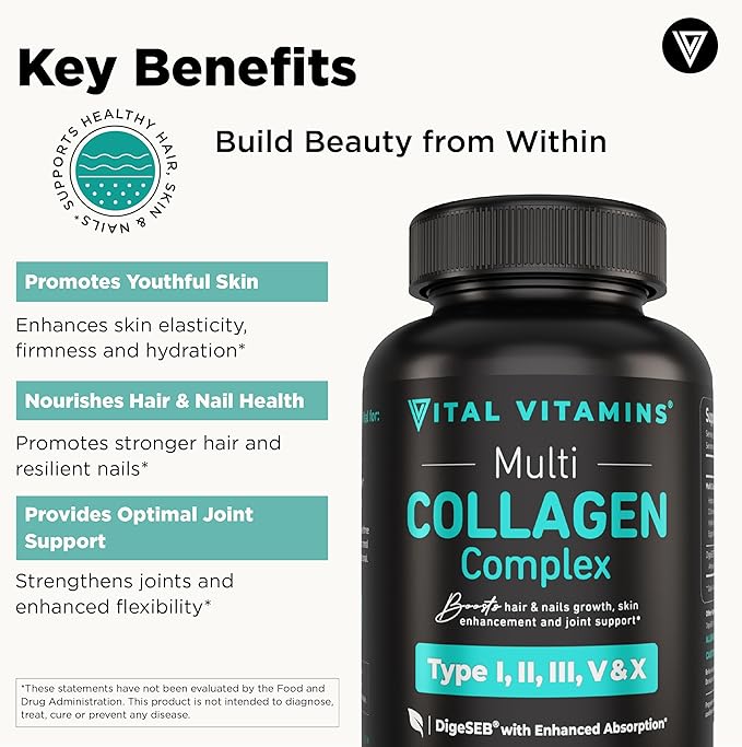 Vital Vitamins Multi Collagen for Women & Men - Type I, II, III, V, X - Grass Fed, Non-GMO - 150 Capsules