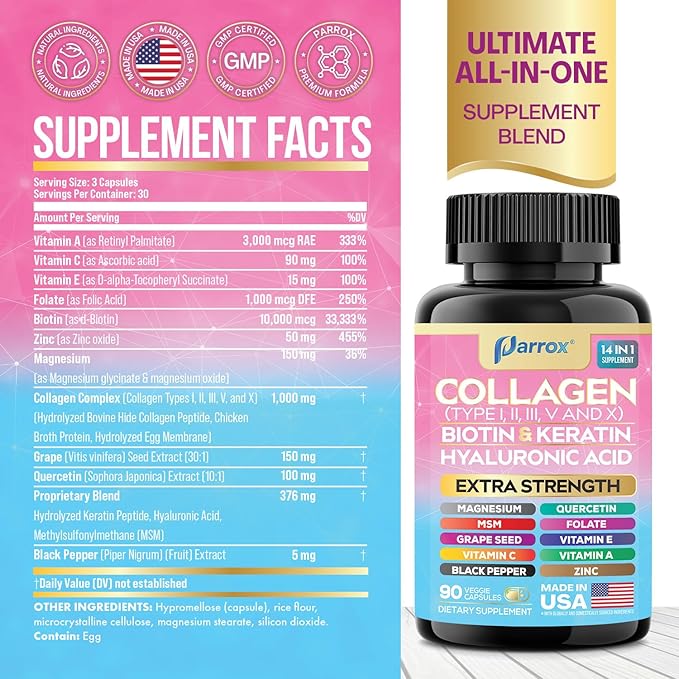 Collagen Peptides Types I, II, III, V & X, MCG Biotin, Keratin, Hyaluronic Acid, MSM, Zinc, Grape Seed Extract, Quercetin, Vitamin A, C & E, Folate, Black Pepper, Magnesium, Folic Acid (3 Pack)