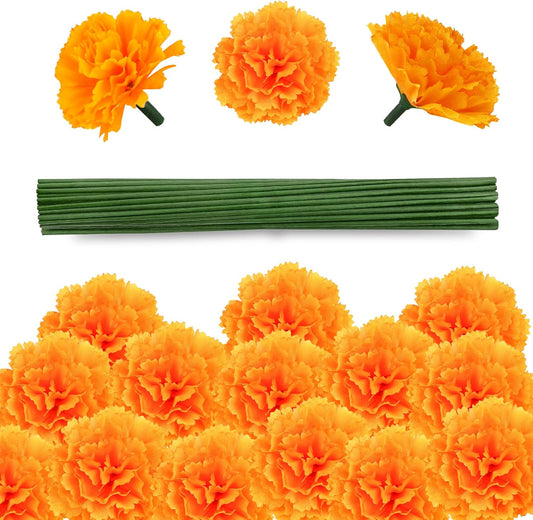 50 Pcs Artificial Marigold Flowers,2" Silk Marigold Flower Heads with Stems,Orange Flowers Artificial for Diwali Decor,Indian Wedding,Home,DIY Wreath Garland,Day of The Dead Decorations