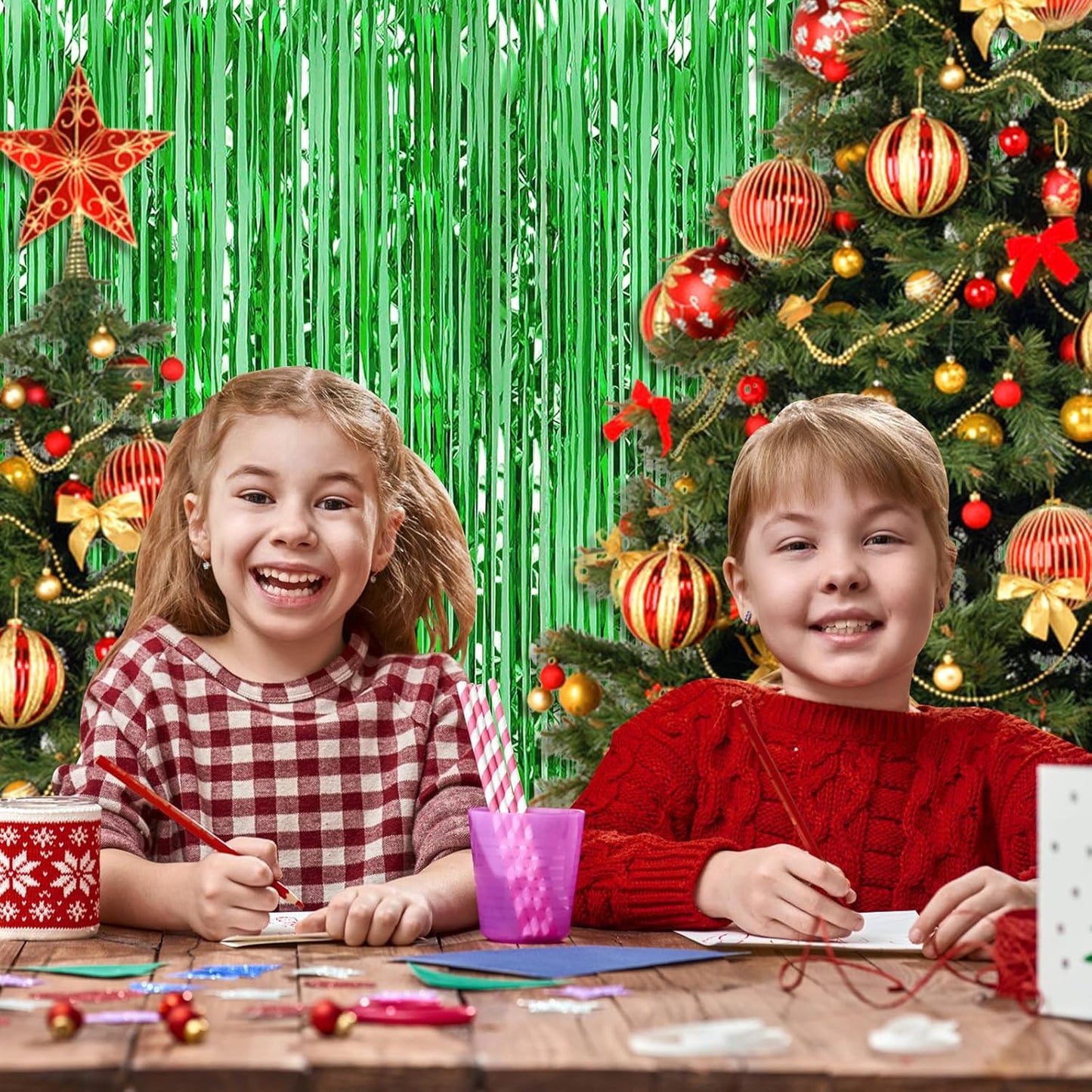 5 Pack Green Fringe Backdrop 3.2ft x 8.2ft Foil Curtain Tinsel Fringe Curtains Backdrop Streamers for Birthday Party Decoration Wedding Christmas Decoration