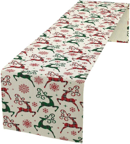 Christmas Table Runner,Christmas Plaid Deer Print Farmhouse Table Cloth Kitchen Dining Table Decoration for Home Party Decor 13x120 Inch