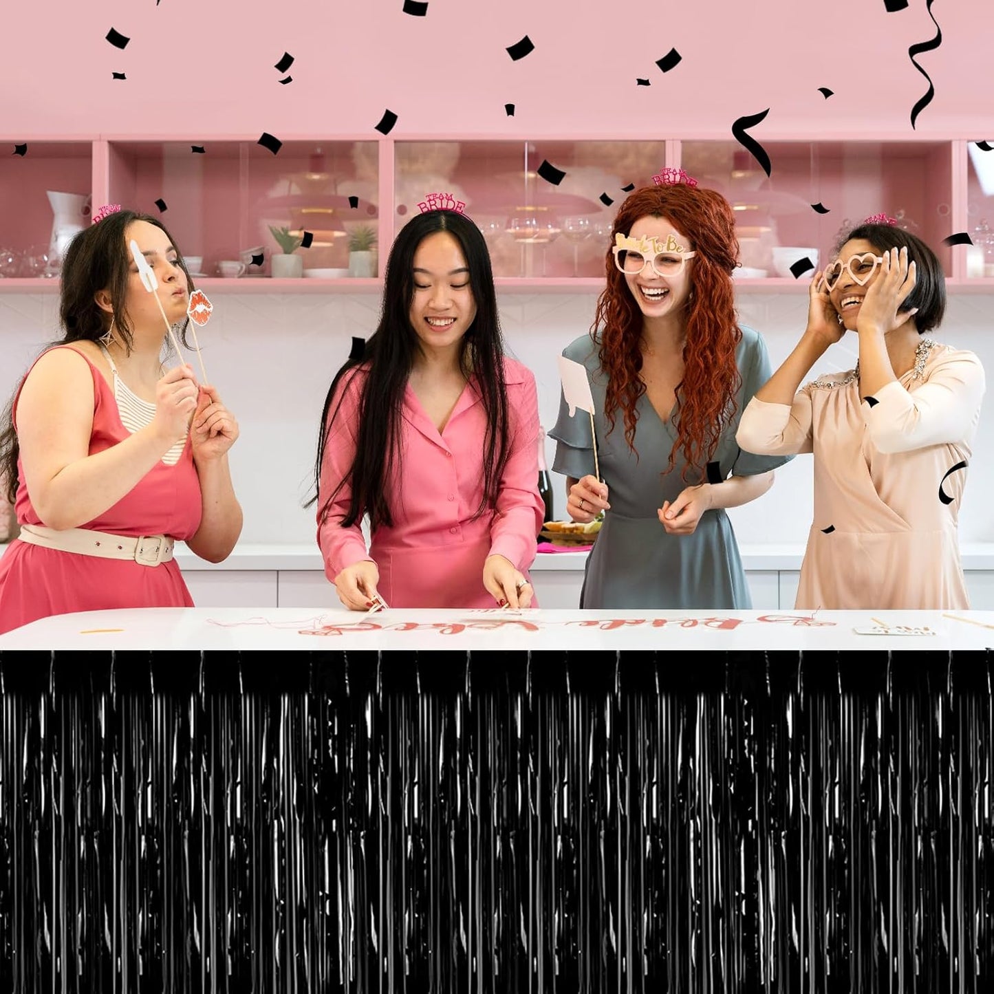 3 Pack 29 x108 Inch Black Foil Fringe Table Skirts Metallic Banner for Tinsel Streamer Garland Backdrop for Parade Floats Wedding Thanksgiving Birthday Christmas Halloween New Year Party Decoration