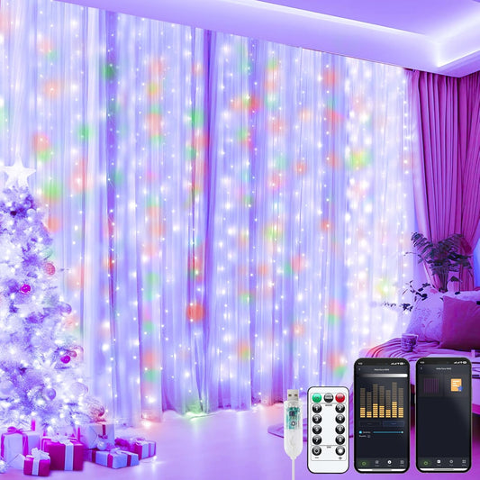 Brightown Smart Curtain String Lights - 9.8ft 300 LED Fairy Lights with APP Remote, 8 Modes, USB Powered Waterproof Christmas Hanging Lights for Bedroom Wedding Party, Multicolor