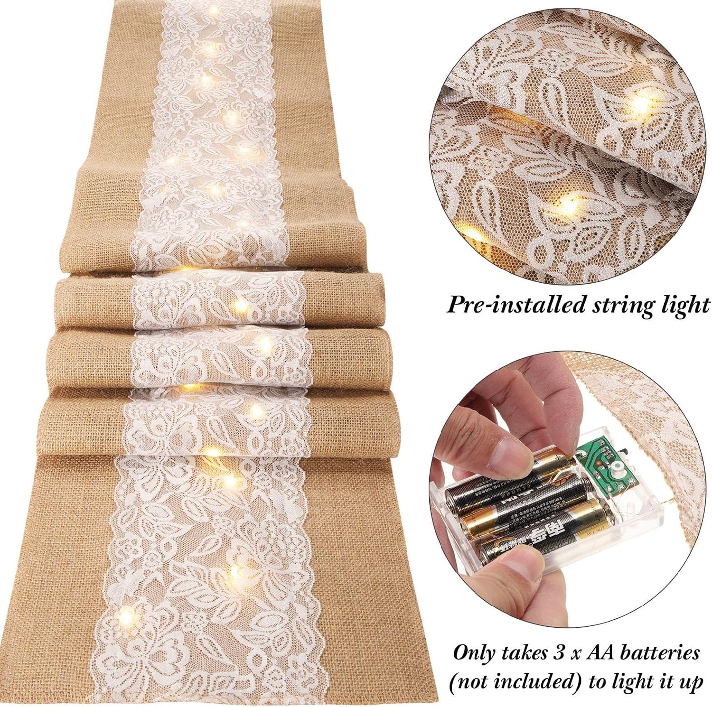 Xinnun 12 Pcs Burlap Table Runner with Lights 12 x 108 Inches Burlap Lace Table Runner Rustic Wedding Decorations Home Party (Flower)