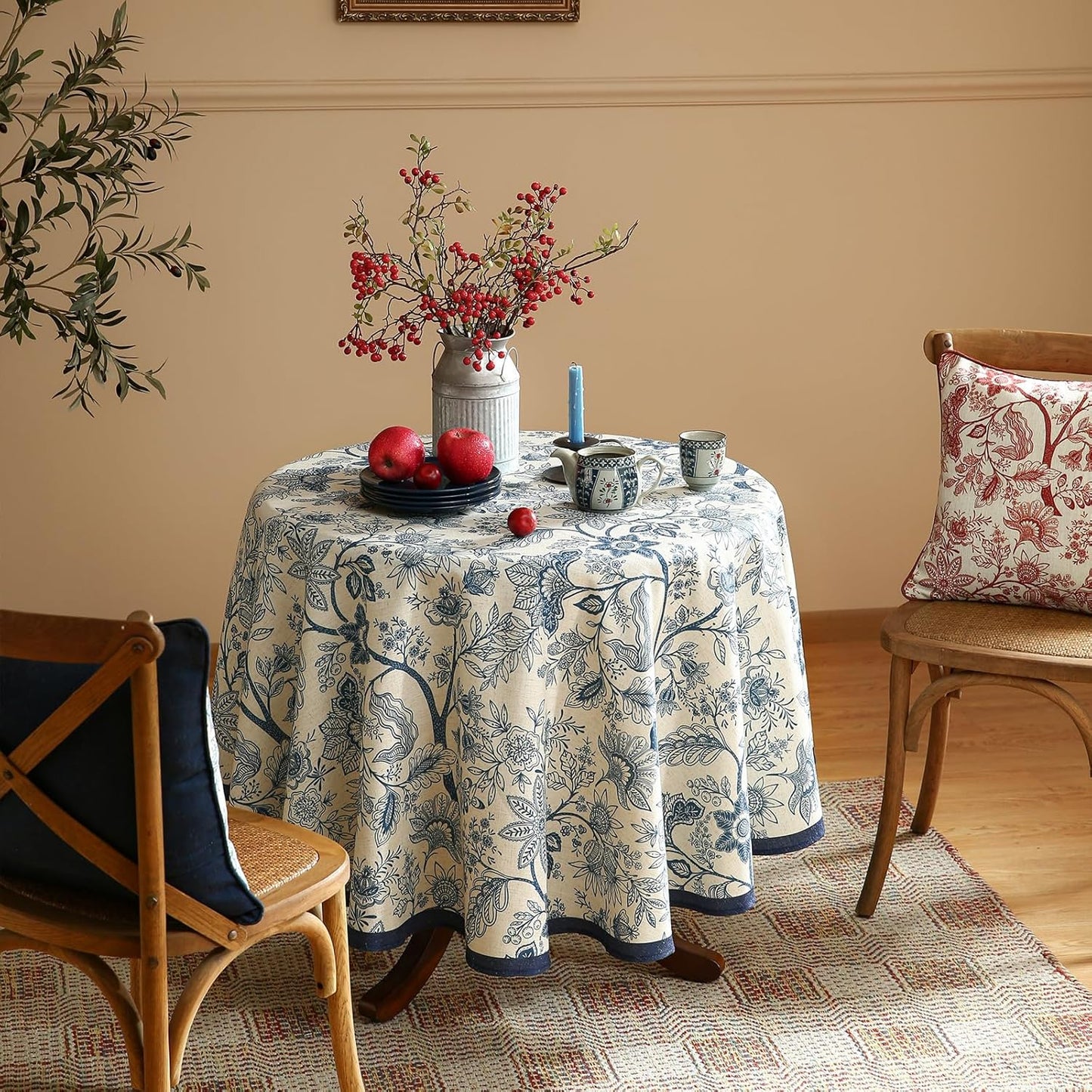 ISAENNE Designer French Linen Small Round Tablecloth,Blue Floral Washable Indoor Table Cloth,Durable Home Decor Tablecloths for Dining Thanksgiving Kitchen Party Christmas,Diameter 55"-Ruyi B