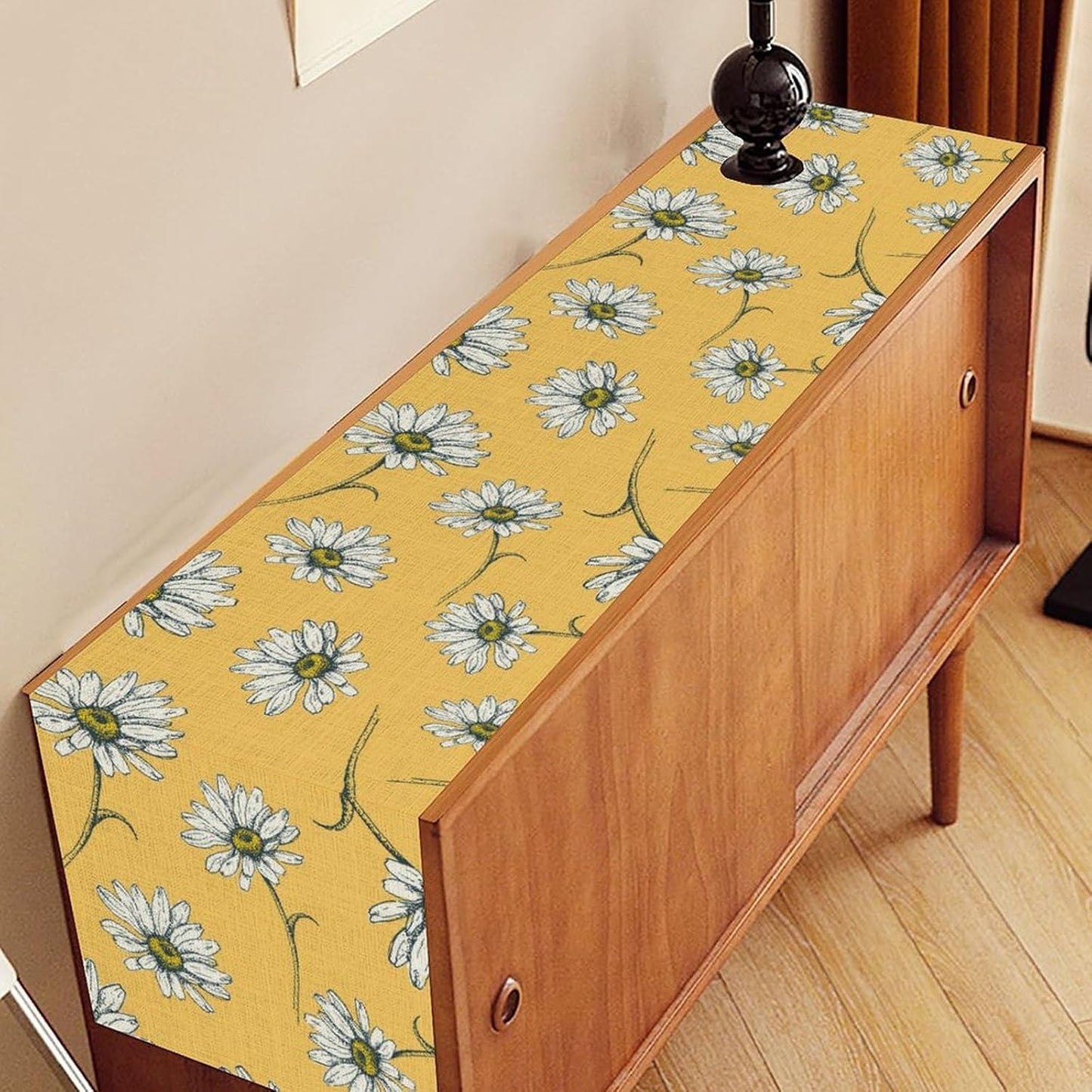 Daisy Table Runner, Spring Floral Seasonal Summer Yellow Flower Rustic Farmhouse Table Center Decor for Home Kitchen Dining Patio Holiday Party Indoor Outdoor Table Decorations, 13"x36" Inch