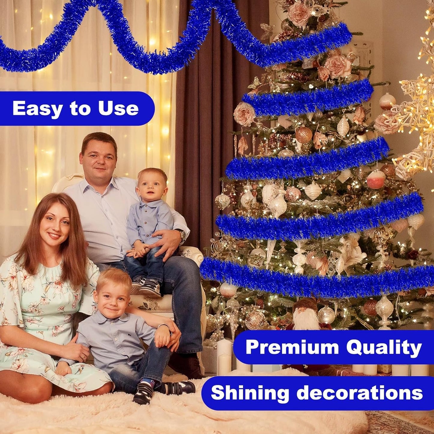 25 Feet Blue Christmas Tinsel Garland, Metallic Foil Twist Banner Wall Hanging Tinsel Streamers Backdrop for Parade Floats, Christmas, Mother's Day, Birthday Party Decorations(4in x 25ft)