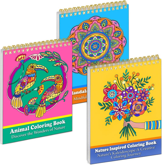 LORHAKI Adult Coloring Book for Women, 3 Spiral Bound Adult Coloring Book Nature Animal Mandala, 200gsm No-Bleed Thick Paper, Optimal for Relaxation and Stress Relief Women Elders Teens