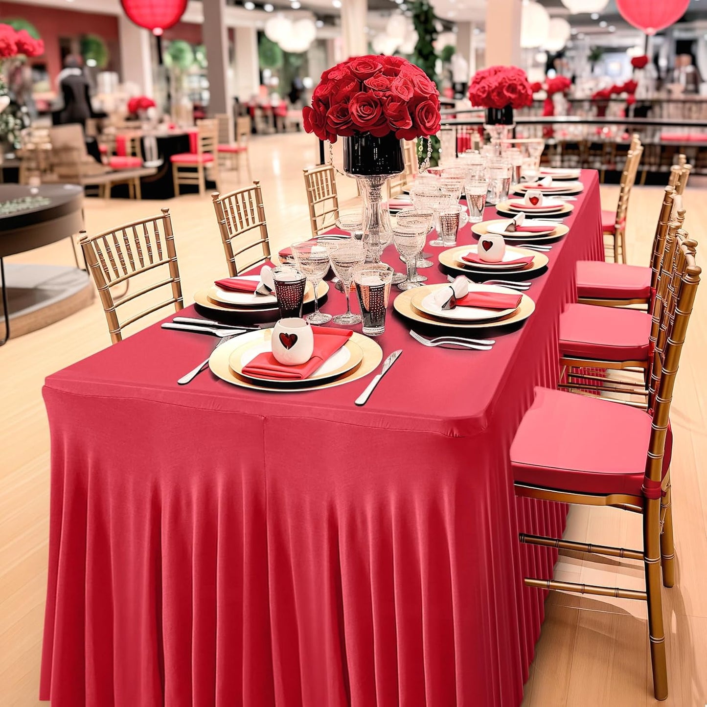 Wish Care 2 Pack Red Spandex Table Clothes for 6 Foot Rectangle Tables, 6FT Wrinkle Free Fitted Tablecloths Ruffles Design Table Cover for Party, Banquet, Wedding and Events