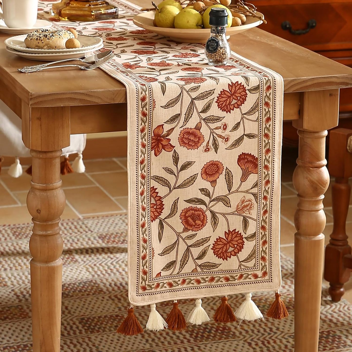 ISAENNE Designer Elegant Linen Table Runner 87 Inches Long,Vintage Orange Floral Pattern Table Runners for Dining Tables,Kitchen Decor,Thanksgiving,Christmas,Banquet,12"*87"-Alvarado A