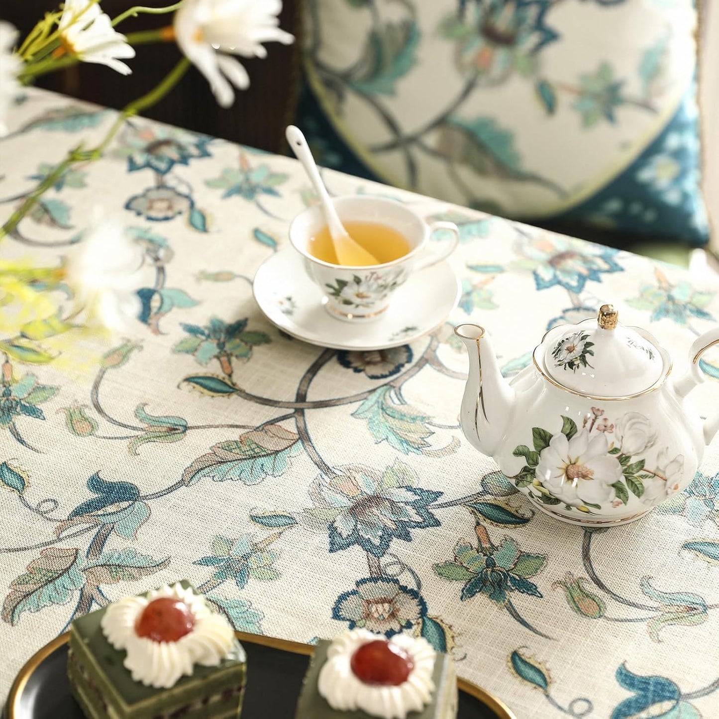 patdrea Designer Green Square Table Cloth,Vintage Floral Linen Durable Breathable French Tablecloth,Dacorative Table Cover for Kitchen Dining,Christmas,Thanksgiving,Tea Party,67"x67"-Noah