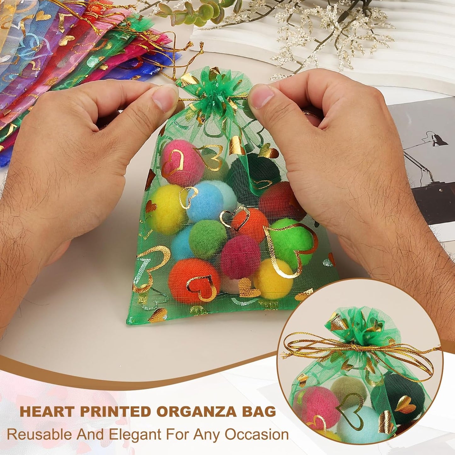 PATIKIL 100 Pcs 5x7 Inch Heart Printed Organza Bags, 10 Color Sheer Heart Organza Bags with Drawstring for Christmas Candy Jewelry Party Wedding Favor Gift