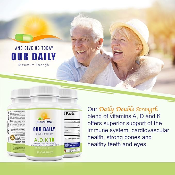 Our Daily Vites ADK 10 Double Strength (10,000 iu) Vitamins A1, D3 & K2 (as MK7) - Physician Formulated Bone & Immune System Support Supplement - Gluten Free, Non-GMO - 90 Vegetarian Capsules