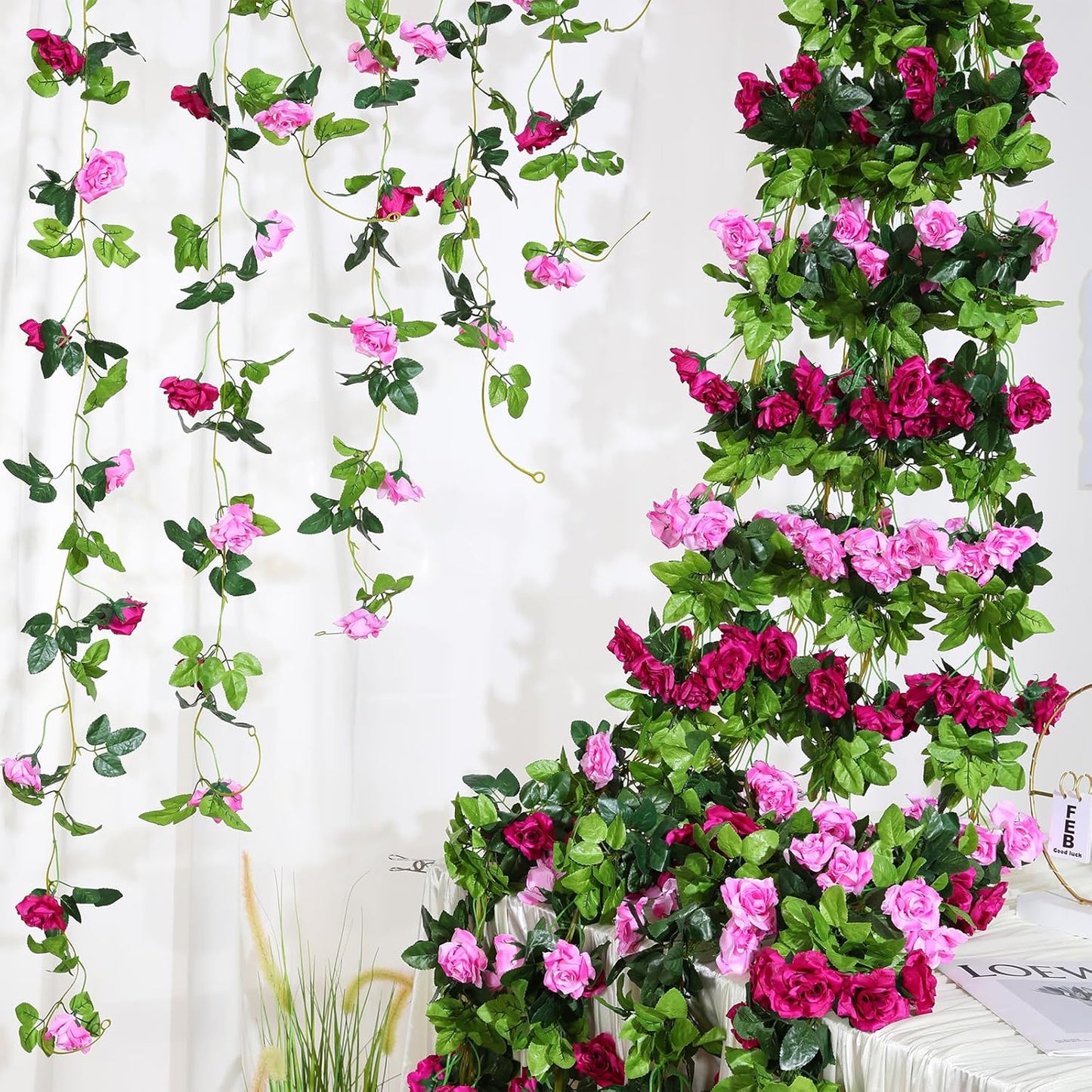 Floweroyal 4 Pack Artificial Flower Garlands 15.8FT Fake Rose Vines Silk Flowers Hanging Rose Ivy for Wedding Arch Party Home Garden Wall Decor (Fuchsia)