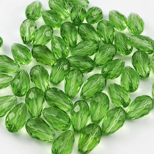 130pcs 6x8mm Teardrop Crystal Glass Beads for Jewelry Making, Faceted Vertical Hole Teardrop Glass Spacer Beads for Wind Chimes Bracelet Earring Necklace DIY Craft(Light Green)