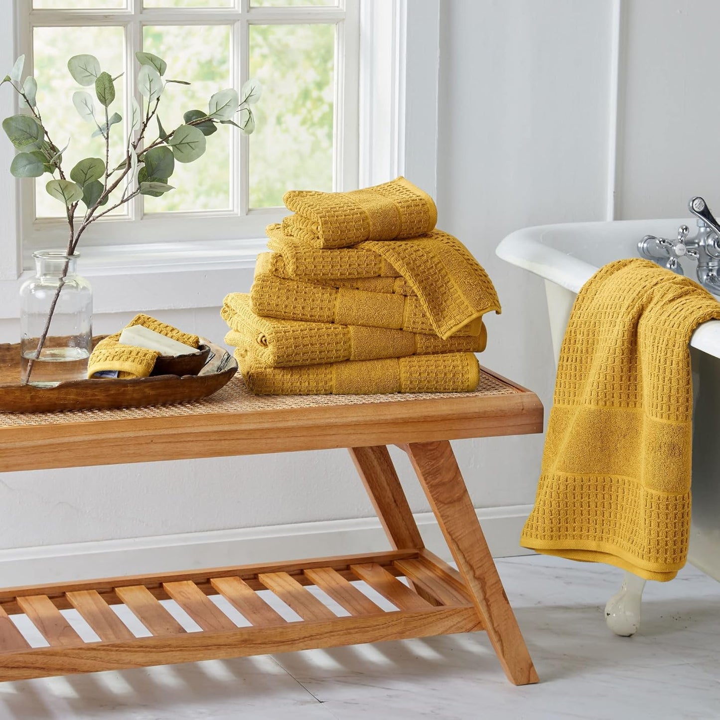 100% Cotton Super Soft Luxury Hand Towel Set | Quick-Dry and Highly Absorbent | Waffle Textured | 550 GSM | Includes 6 Hand Towels | Harper Collection (Mustard Yellow)