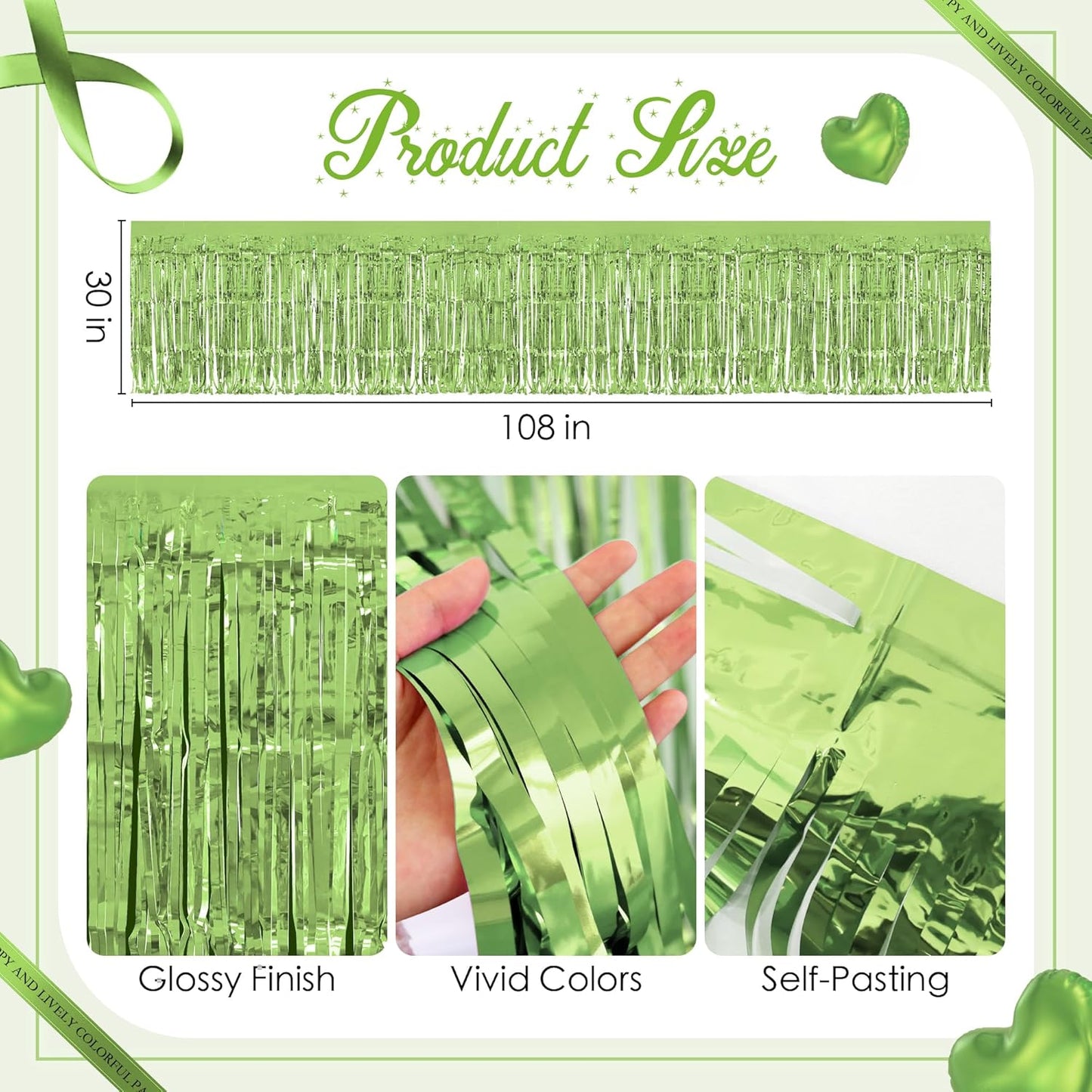 4 Pack Light Green Table Skirts, 29x108" Metallic Foil Tinsel Fringe Table Skirts for Rectangle Tables Streamer Curtains Backdrop, Party Decorations for Birthdays Weddings Holidays