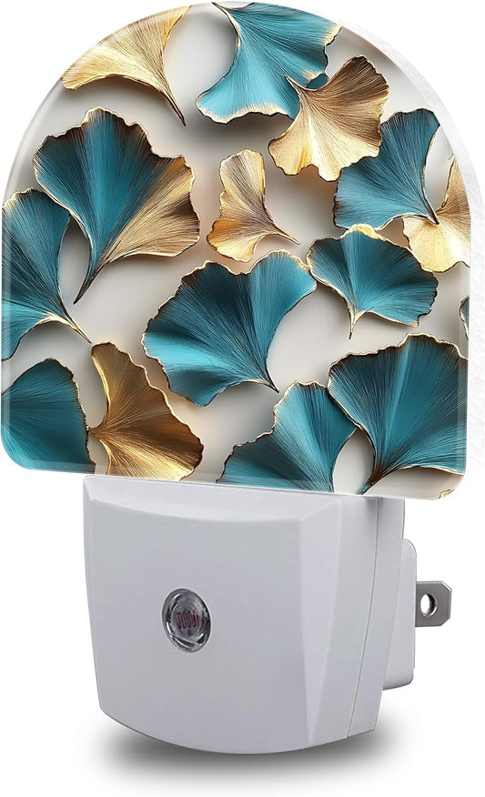 Night Light, Turquoise and Gold Ginkgo Leaves Night Lights Plug into Wall Dusk to Dawn Sensor Round Nightlight for Women Men Energy Efficient Led Lamp 0.5W for Stairway Hallway Bedroom