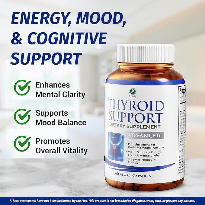 1 Body Thyroid Support Supplement with Iodine, B12, Zinc, Selenium, Ashwagandha, Non-GMO, Vegetarian, 30 Day Supply