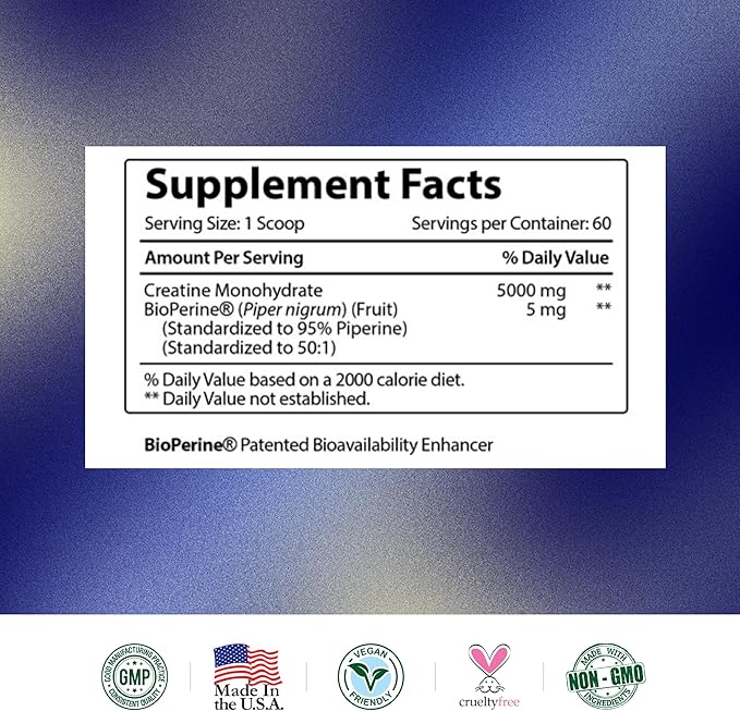 Research Verified Creatine Monohydrate - Support Optimal Muscle Growth, Enhance Performance - 5000mg Creatine Monohydrate - BioPerine - 60 Servings - Unflavored - Vegan