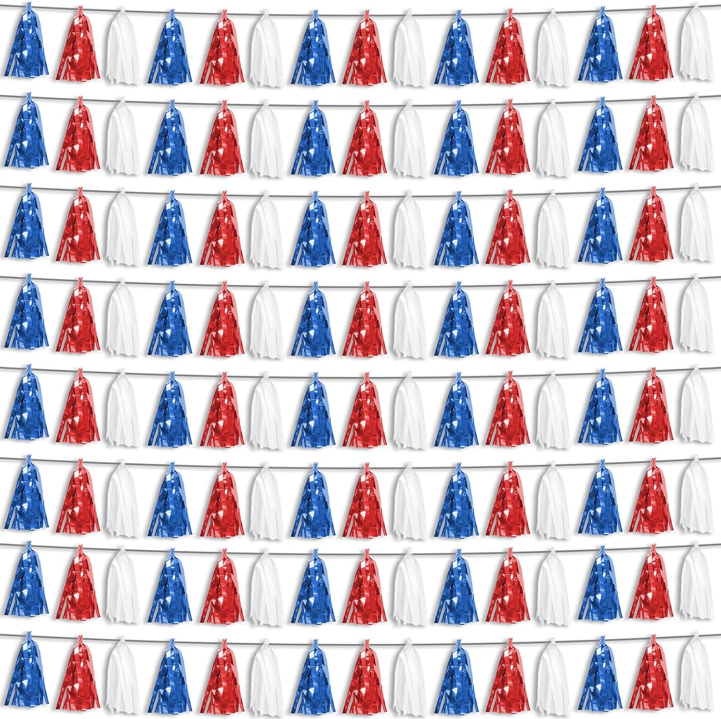 8P Red Blue White Foil Fringe Metallic Tassel Streamers Banner Tassel Garland for Parade Floats, Bachelorette, Wedding, Birthday, Halloween, Christmas, Bridal/Baby Shower Party Decorations