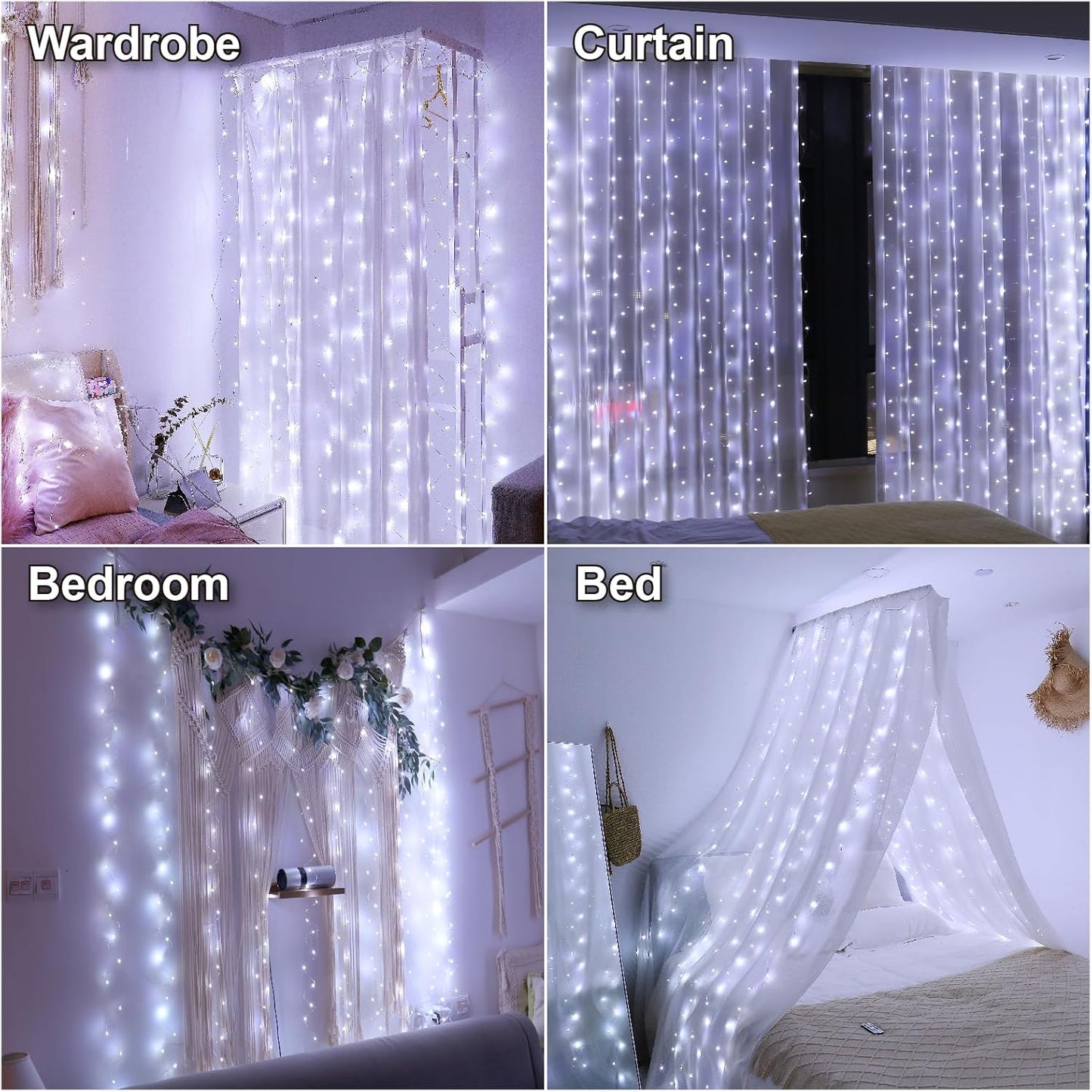 HXWEIYE 300LED Fairy Curtain Lights, 9.8x9.8Ft USB Plug-in 8 Modes Christmas String Hanging Lights with Remote for Bedroom Backdrop Wedding Party Indoor Wall Decor, White