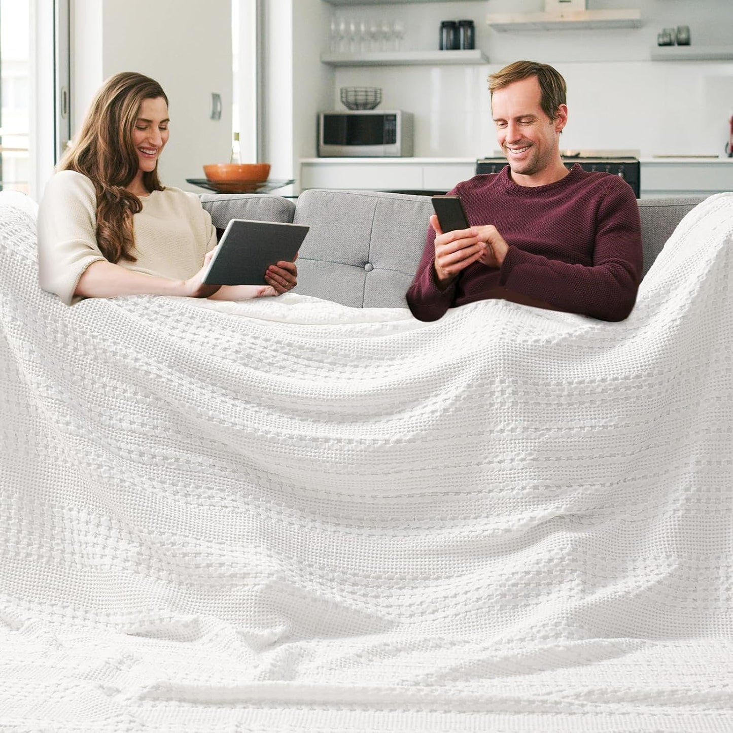 PHF 100% Cotton Waffle Blanket Oversized King 120"x120", Lightweight Breathable Extra Large 10'x10' Blankets for Bed, Giant Big Luxury Aesthetic Woven Bedding for Home Decor, White