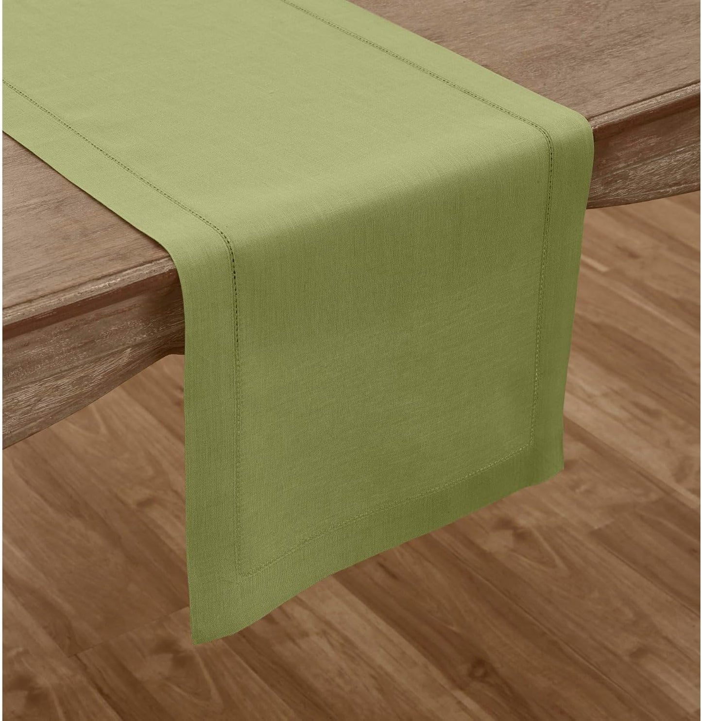 Solino Home Linen Moss Green Hemstitch Table Runner 36 Inches - 100% Pure Linen Small Table Runner 14 x 36 Inch Ideal for Dresser and Coffee Tables - Classic Hemstitch - Fall, Halloween, Thanksgiving