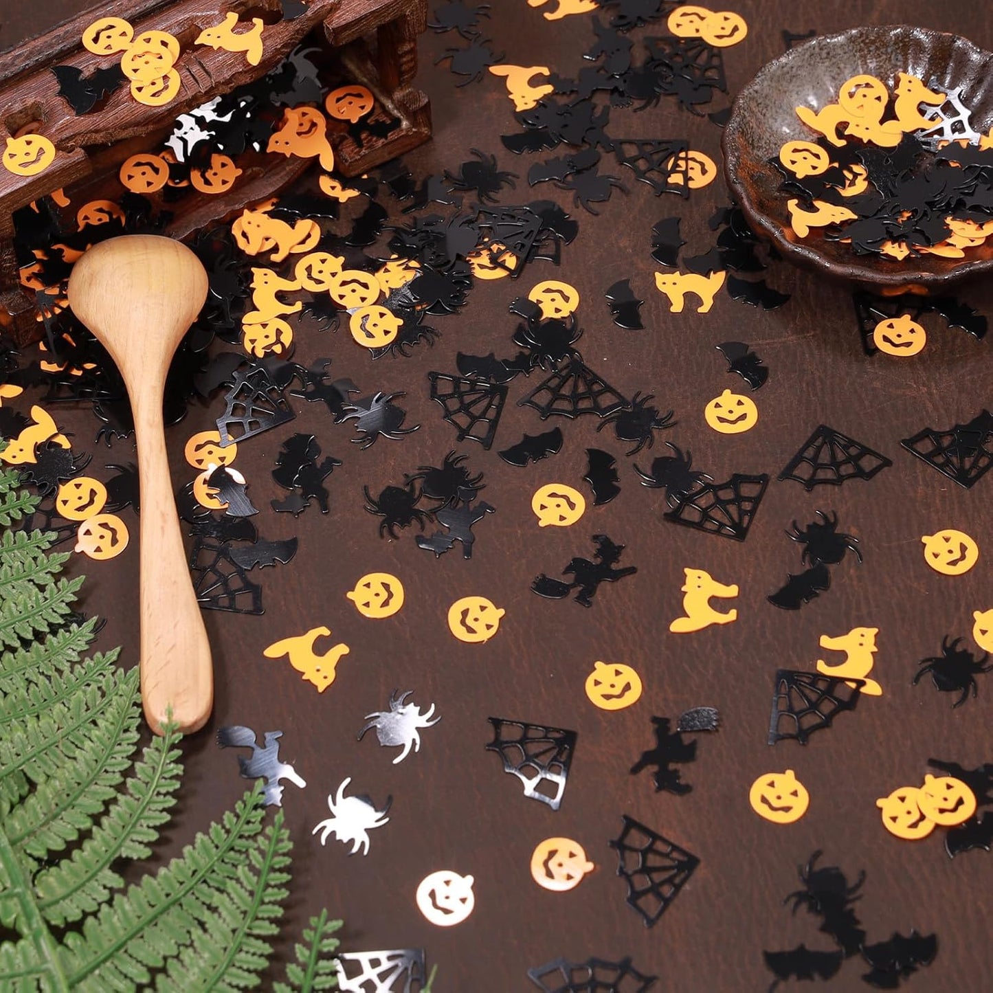 Orange and Black Halloween Party Table Scatter Confetti, 3000 Pcs Pumpkin Spider Webs Bat Foil Metallic Confetti for Halloween Party Table Decorations