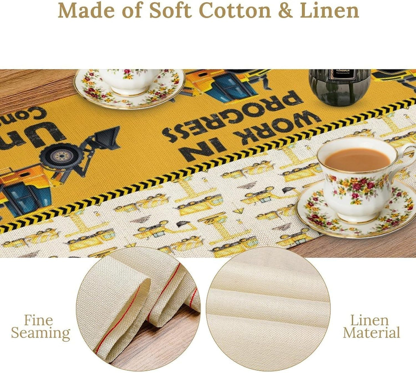 Cartoon Car Table Runner,Boys Kids Construction Vehicles Truck Yellow Print Tablecloth Burlap for Hotel Indoors Outdoor Dining Room Kitchen Home Decor,W13X L90 in