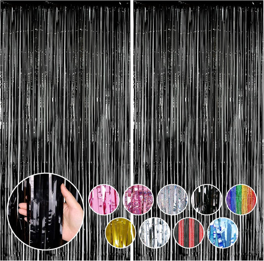 RUBFAC 2 Pack Black Backdrop Party Decorations Tinsel Foil Fringe Curtains Photo Booth Streamer for Halloween Party Decorations New Year Bachelorette Wedding Engagement Birthday Holiday Party Supplies
