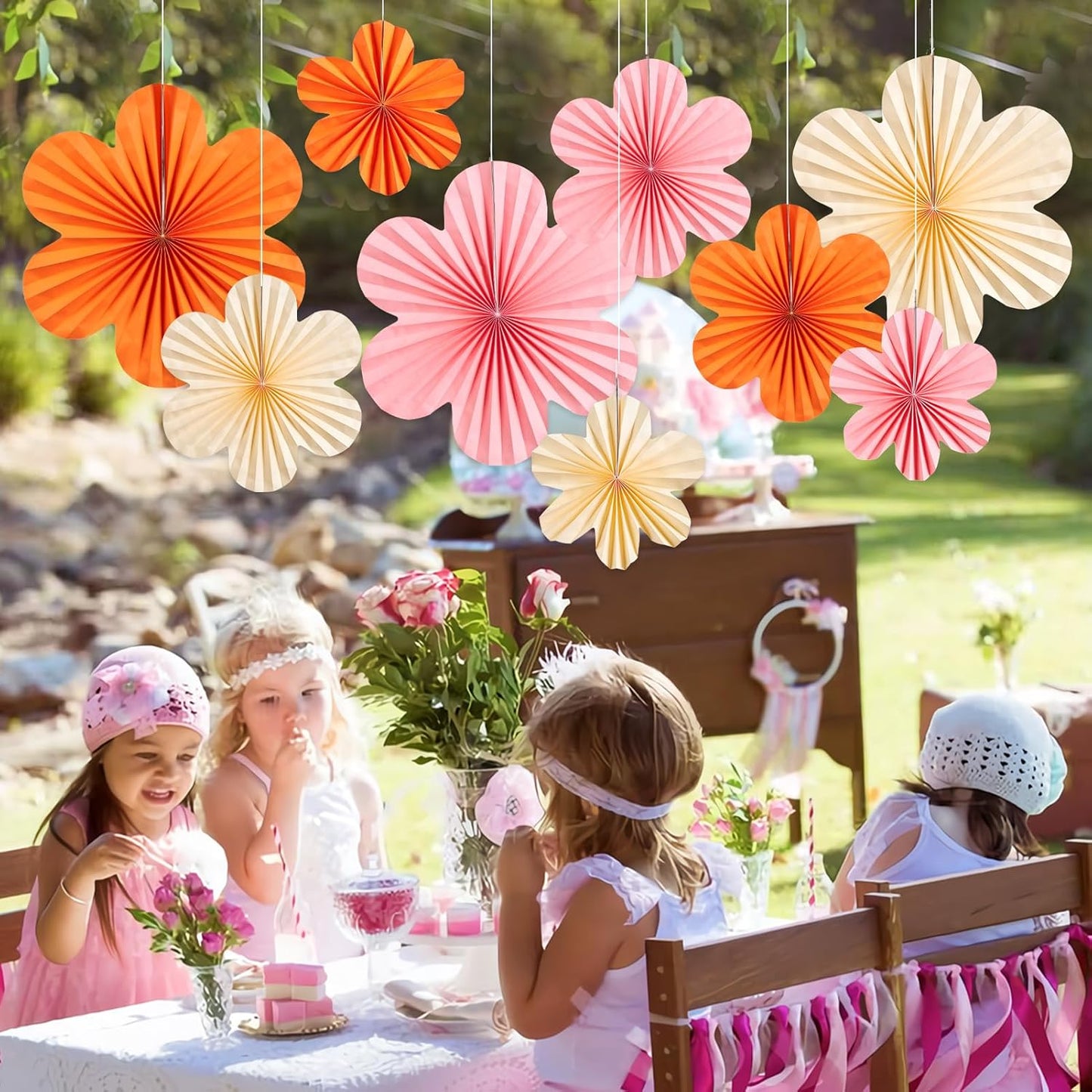 SUNBEAUTY Paper Flowers Decorations for Wall Paper Fans Classroom Decoration Paper Floral Backdrop Decor Paper Fans Decoration Hanging Paper Fans Orange Flower Wall Decor,Set of 9